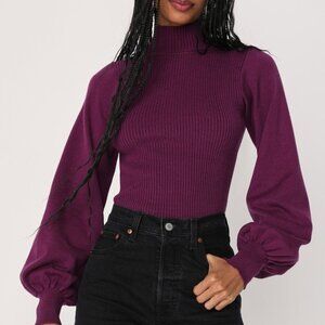 Lulus Bright Ideas Plum Purple Backless Balloon Sleeve Bodysuit - Size S